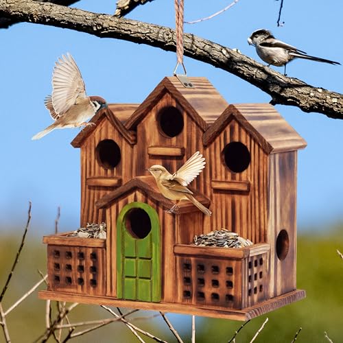MIXUMON Bird House Outdoor with Feeder, 6-Room Wooden Birdhouse for Outdoors & Outside, Carbonized Pine Wood Bird Houses with 1.57” Entrance & Easy Clean-Out Doors (Green Door) - color: Green Door
