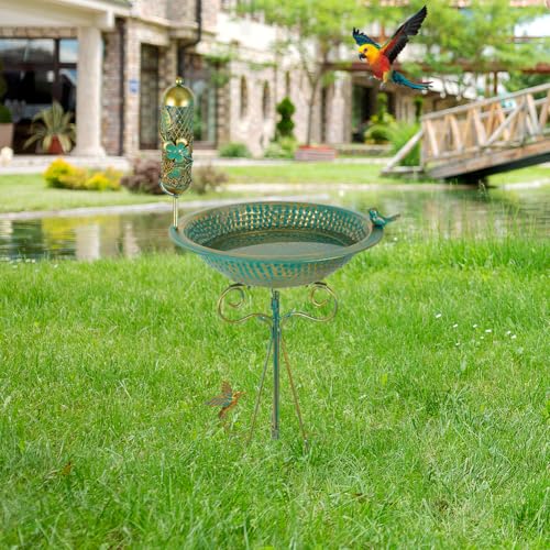 dreamysoul Bird Bath 13" Dia Bowl, Metal Birdbath with Mesh Feeder, Pedestal Bird Baths for Outside Outdoors Garden Patio Yard