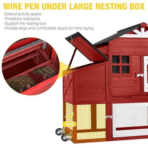 Aivituvin Chicken Coop Mobile Chicken House on Wheels, Rabbit Hutch Bunny Cage Expandable Wooden Poultry Cage with Large Nesting Box Leakproof Pull-Out Tray,UV-Resistant Roof (Red, AIR32) - color: Red, size: AIR32