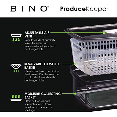 BINO | Produce Saver - 6.8 Cup/1.6L | Fridge Storage Containers for Fruits and Vegetables | Adjustable Air Vent, Removable Basket | BPA-Free Fridge Organizers - size: 6.8 Cup