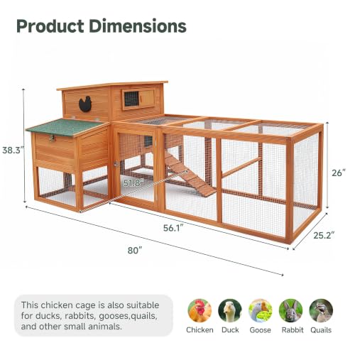 XLarge Chicken Coop with Nexting Box and Run Premium Poultry Cage with Waterproof Roof and Tray Spacious Wooden Chicken House Size for Backyard Small Animals 3-4 Chickens and Duck Orange 80"