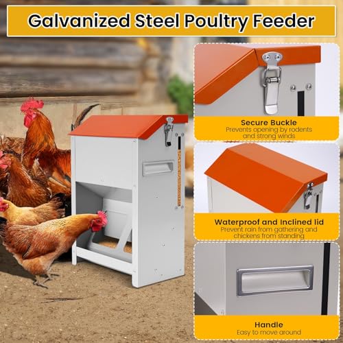 Automatic Chicken Feeder Large 20Lbs No Waste Poultry Feeder Trough | Metal Hanging Chicken Feeder Trough Dispenser Outdoors with Lid and Visual Window for Chicken Poultry Turkey Duck