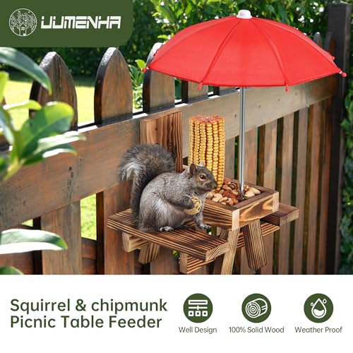 Squirrel Feeder for Outside with Umbrella, Carbonized Wood Squirrel Picnic Table Feeder with Corn Cob Holder & Peanut Tray, Durable Picnic Table for Squirrel and Chipmunk, New Premium Gift (Brown-red) - color: Brown-red