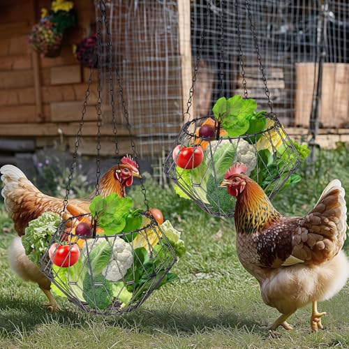 Hanging Chicken Feeder 6.5in, Foldable Poultry Treat Dispenser Ball | Chicken Enrichment Toys With 17in Hanging Chain, Poultry Feeding Equipment Rat Proof for Chicken/ Hens/ Duck/ Rabbits Coop - size: 2 Pack
