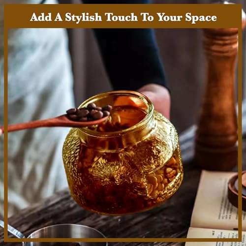 Decorative Amber Embossed Glass Jar with Airtight Wooden Lid, 25.4 fl. oz | Wide mouth vintage storage canister, kitchen pantry bathroom organization, coffee sugar tea cookie candy candle vase gift - size: 25.4 Ounces, style: Amber Flower