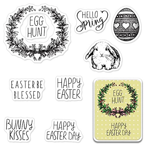 Easter Bunny Clear Stamps for Card Making and Journaling, Leaves Wreath Silicone Stamps Easter Words Rubber Stamps for Scrapbooking DIY Cards Album Crafts Supplies - color: Style 5: Et Spring Wreath