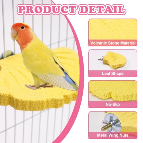 3 Pack Bird Beak Grinding Stone, Leaf Shape Birds Lava Ledge, Bird Cage Accessories Stand Platform for Budgies, Parakeets, Cockatiels, Conures - color: Yellow+Green+Rose Red