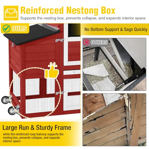 Aivituvin Mobile Chicken Coop with Wheels for 4-6 Chickens, Backyard Expandable Chicken House Duck Cage with Run, 2 Nesting Boxes, Easy Clean Pull-Out Tray, Leak-Resistant Asphalt Roof, 82.4"(Red) - color: Red, size: 82.4"L x 26.0"W x 44.0"H