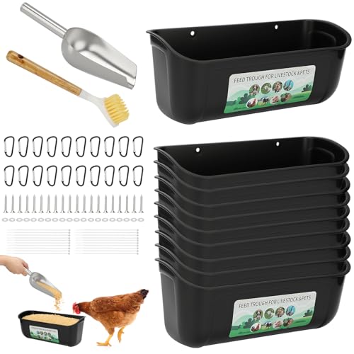 10 Pack Fence Feed Feeder 4.5 Quart Hanging Chicken Feeder Trough with Brush & Scoop Black Goat Hanging Fence Feeders Feeder with Hooks Screws & Zip Tie for Livestock Feeding Container Goats Supplies - color: Black, size: 10 Pack