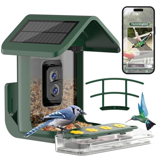 Bird Feeder with Camera Solar Powered: Smart Hummingbird Feeder for Backyard Tree - 2K Live AI Identify Auto Capture Bird Video - WiFi Bird Watching Feeders Gift for Mom Dad - color: deep green
