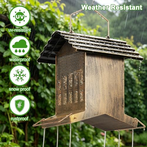 Large Metal Bird Feeder House Outdoor Hanging 2-Side Feeding 6 Lbs Capacity | Heavy Duty, Waste Proof, Waterproof, Weatherproof, Chew-Proof, House Shape, Easy to Refill and Clean, No Frequently Refill - size: M- 6 lbs capacity