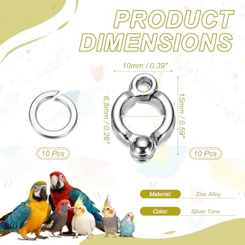 Bird Foot Rings, Parrot Metal Leg Ring Outdoor Fly Training Activity Opening Clip Accessories 6.5mm/0.26" ID, (Silver Tone, 10 Set), Intended for Small Medium Large Birds - size: 6.5mm/0.26" ID