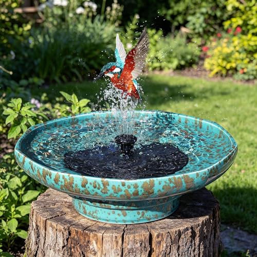 11.6" Solar Ceramic Bird Bath Bowl,Bird Bath Fountain for Outside | Solar Fountain for Bird Bath,Weather-Resistant Vintage BirdBaths Decorfor Garden Patio Yard Deck Lawn (blue) - color: Blue
