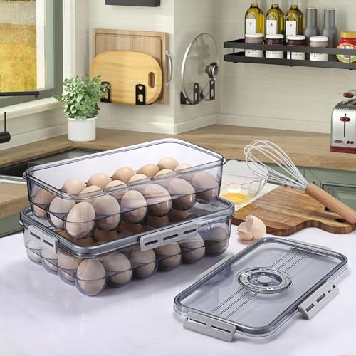 BSTKEY Egg Holder for Refrigerator, Egg Container with Time Scale, Egg Holder with Lid for Kitchen Storage, Stackable Tray for 24 Eggs - size: Hold 24 eggs