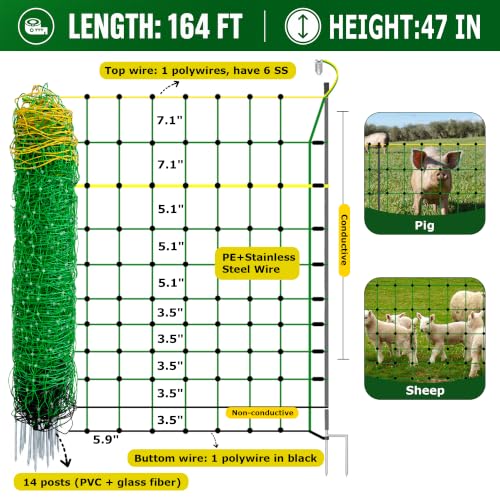 Electric Fence Netting, 47.2" H x 164' L, Portable Double Pointed Sheep Netting Fence for Hog, Dogs, Deer, Goats, Used in Backyards, Farms and Ranches - size: 47.2in H*164ft L