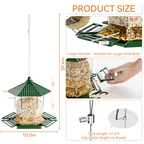 Hanging Bird Feeder for Outdoors,Large Hopper Squirrel Proof Birdfeeder for Cedar,Red,Cardinal,Blue Jay and Wild Birds,Easy to Feel Birdhouse & Bird Seed Feeder & Gazebo for Outside,Tree,Green - color: Green