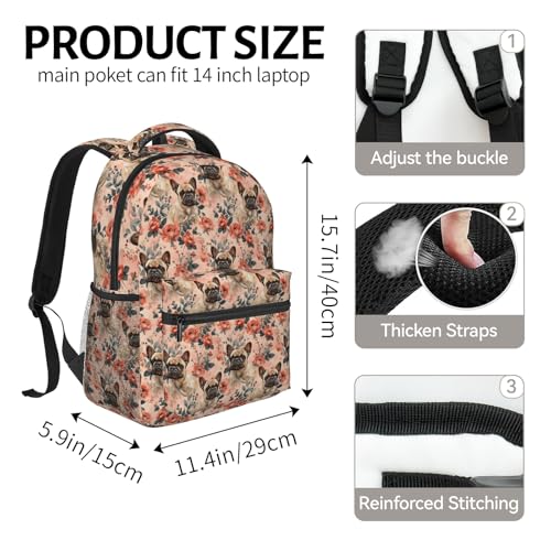 Cute French Bulldog and Rose Flower Backpack for Women Teen Girls School Laptop College Floral Backpacks for Gifts Travel Hiking Work Camping, Polyester Lightweight Aesthetic Bookbag Back Pack - color: Bulldog57