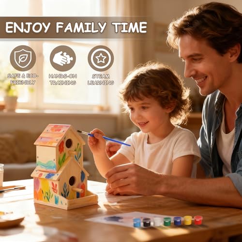 SainSmart Jr. Bird House 2-Story, Wooden Birdhouse Kids Woodworking Kit with Brushes and Paint - DIY Woodcraft Building Projects for Kids and Adults - STEM Teaching Tools, Ideal Gift for Boys & Girls