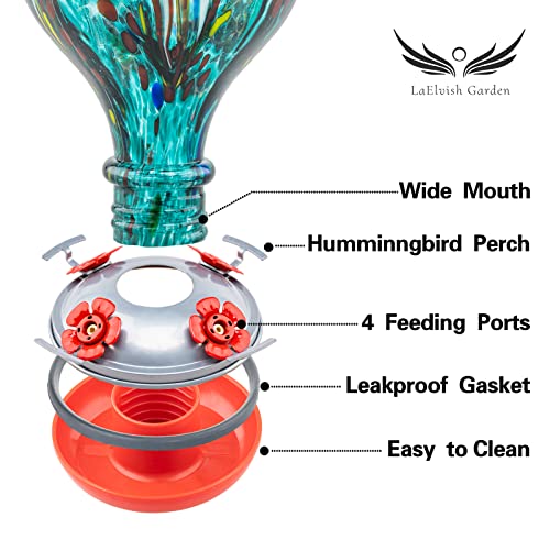 2 Packs Hummingbird Feeder for Outdoors Hanging Ant and Bee Proof, 32OZ & 34OZ, Hand Blown Glass Hummingbird Feeders for Outside, Blue & Teal | LaElvish Garden 2 Packs Hummingbird Feeder for Outdoors Hanging Ant and Bee Proof, 32OZ & 34OZ, - color: Blue &