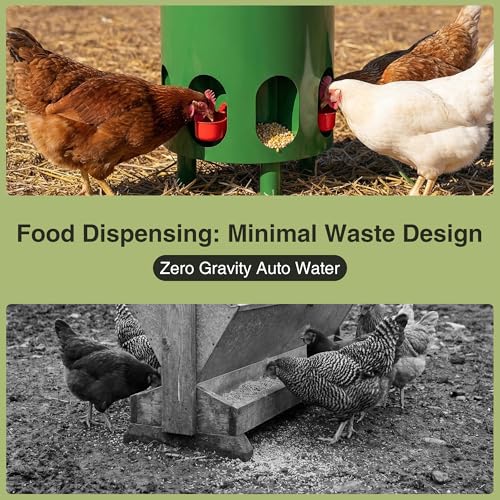 Green Chicken Feeder and Waterer Set-4 Gal/39.8 LB, Metal Chicken Feeders No Waste with 4 Cups, 4 Feeder Ports, Lid, Portable Gravity Chicken Feeder Automatic for Outdoors & Poultry
