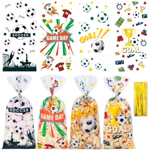 QOIUSO 50PCS Soccer Cellophane Treat Bags - Clear Plastic Goodie Bags with 60 Gold Twist Ties - Soccer Party Favor Bags for Candy, Snacks, Game Day, Sports Events, Birthday & School Activities - color: Soccer-50pcs