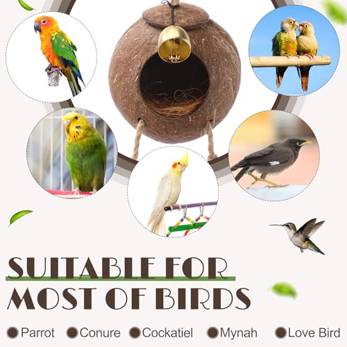 Briwooody Coconut Shell Bird Nest House Breeding Bed Nestingand Anti-pecking Bite with Natural Coir Fiber Bird Nest Toy Bell for Parrot Budgie Parakeet Cockatiel Conure Lovebird Canary Finch (Stylish) - style: Stylish