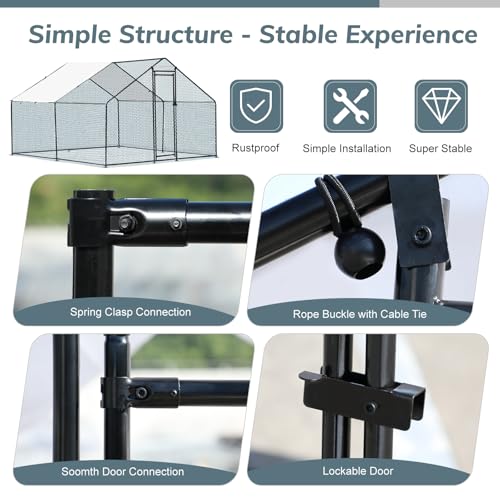 VINGLI Large Metal Chicken Coop, 9.8x9.8x6.5 ft Poultry Cage for Chicken Run, Walk-in Chicken Pen with Waterproof & Anti-UV Cover for Yard Outdoor (Black-Spire Roof) - color: Black-Spire Roof, size: 9.8*9.8*6.5 ft