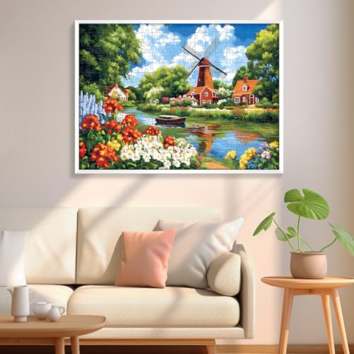 300 Piece Puzzles for Adult, Windmill River and Flower Jigsaw Puzzles - style: Windmill River