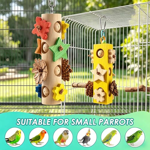 2Pcs Bird Hanging Chew Toys, Suitable for All Birds | Colorful Wooden Beads & Natural Pine Cones, Foraging & Beak-Grinding, Cockatiels, Lovebirds, Conures, Cage Accessories