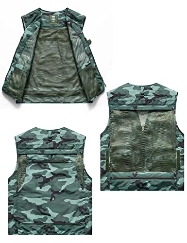 Flygo Men's Casual Lightweight Outdoor Fishing Work Safari Travel Photo Cargo Vest Jacket Multi Pockets - color: Camogreen, size: Small
