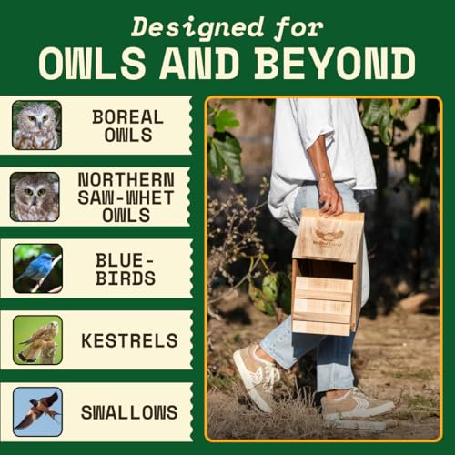 Barn Owl Nesting Box - Large, Cedar, Preassembled, Easy-Hang | Traditional Cedar Wood Owl Box with front-access door for easy cleaning, attracts screech owls and backyard birds.