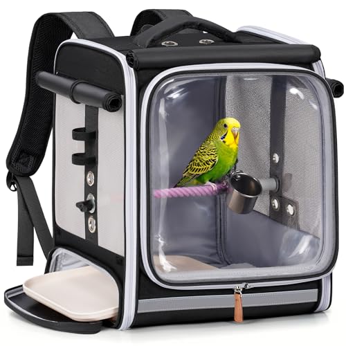 Mancro Bird Carrier Backpack for Small Birds, Cockatiel, Parrot | Bird Backpack with Tray and Standing Perch, Bird Travel Carrier Cage with Clear Window & Breathable Mesh Front for Vet Visits