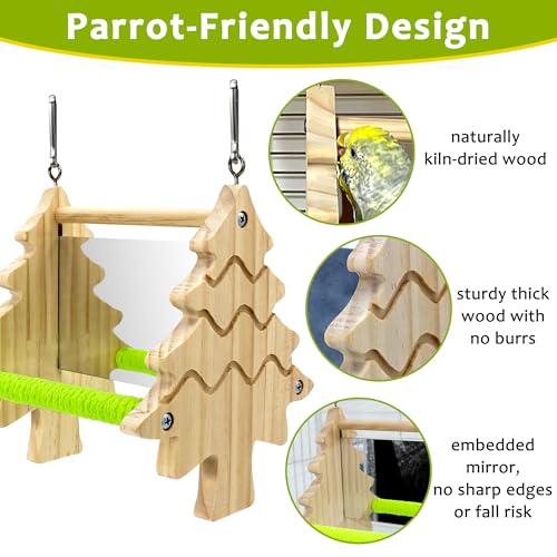 2-Sided HD Bird Mirror Toys, Cotton-Wrapped Parakeet Perches Swing | Kiln-Dried Wooden Frame Hanging Parrot Swing for Cages, No Sharp Edges, Safe Bird Toy for Budgies Lovebirds Cockatiels