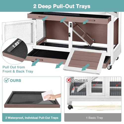 Suumerpety 36" 2-Story Wooden Rabbit Hutch with Chew-Proof Ramp, Double Leak-Proof Pull-Out Trays & 4 Lockable Wheels, Indoor Outdoor Bunny Cage for Rabbits & Guinea Pigs (Brown) - color: (Brown-AIR77)