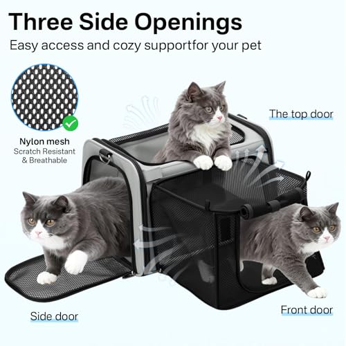 Expandable Cat Carrier, Airline Approved Soft Sided Pet Carrier for Cats & Small Dogs Up to 15 lbs, with Locking Safety Zippers & Cozy Fleece Pad, Portable for Car & Vet Visits, Black