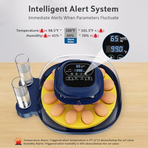 18 Egg Incubator for Hatching Eggs with Automatic Turning, Digital Temperature & Humidity Control, Built-in Egg Candler & Auto Water Refill, 360° Clear View for Chicken - color: Deep Blue+Yellow