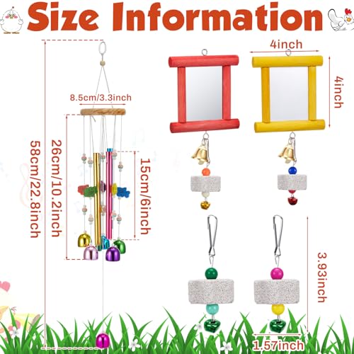 VioraWhite 7 Pcs Chicken Toys, Hanging Chicken Wind Chime, 2 Pcs Coop Mirror Toys with Bells 4 Pack Beak Grinding Stones, Musical Coop Accessories for Hen Rooster Chick Poultry Bird (Rose Red, Yellow) - color: Rose Red, Yellow