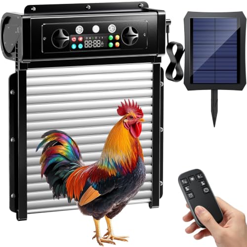 Automatic Chicken Coop Door Solar Powered, Roll-Up Chicken Door with Timer & Light Sensor, Anti-Pinch Safety Auto Chicken Door with Remote Control, Weatherproof Aluminum Coop Door (Black1)