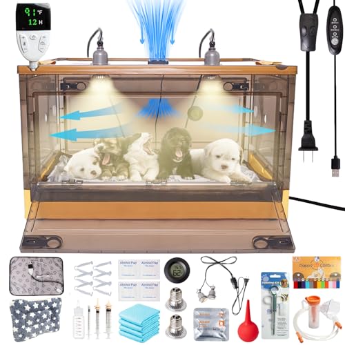 Puppy Incubator with Heating and Fan, Ideal Incubator for Puppies and Kittens with Puppy Heating Bed Mat, Ensures Good Ventilation and Temperature Control for Newborn Pets (86L)
