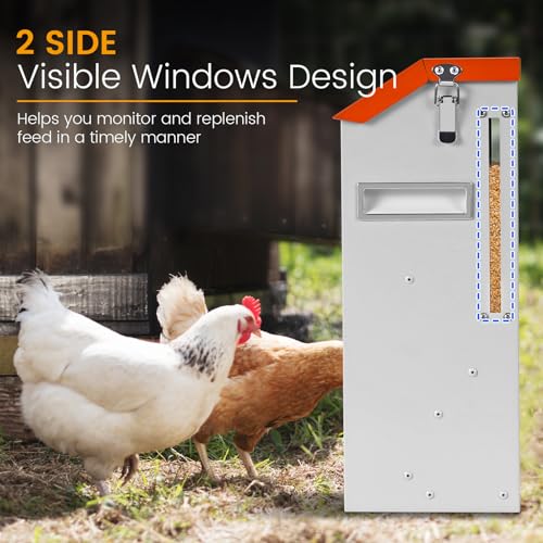Automatic Chicken Feeder Large 20Lbs No Waste Poultry Feeder Trough | Metal Hanging Chicken Feeder Trough Dispenser Outdoors with Lid and Visual Window for Chicken Poultry Turkey Duck