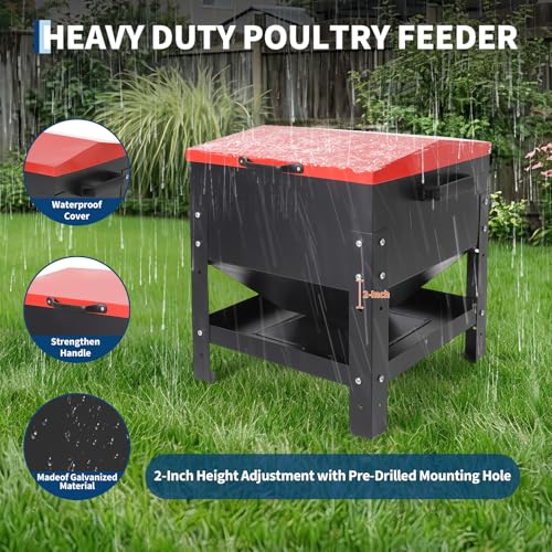Metal Chicken Feeding Box, 80 lbs Large Capacity, Portable Feeder, Red | Galvanized Steel, Waterproof Lid, No Waste Automatic Poultry Feeder for Ducks, Hens and Roosters, Standing for Chicken Coop