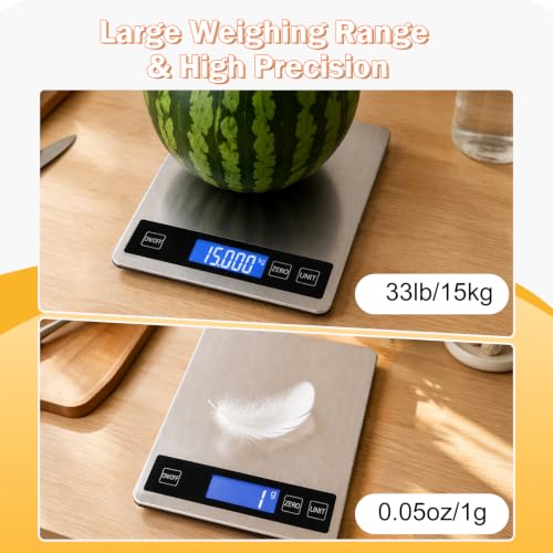 33lb Food Scale, Digital Kitchen Scale for Cooking Baking | Waterproof Stainless Steel Platform, USB Charging & Battery Dual Power, Weighs in Grams and Ounces
