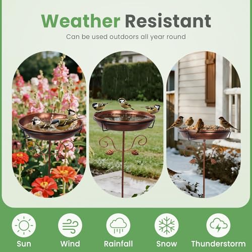 Ieuan 35.4" Metal Bird Bath for Outside, Freestanding Birdbaths, Gold | Bowl Diameter: 12 inch, Depth: 2.2 inch Vintage Scroll Design, Baked Paint Coating