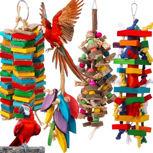 Soulchen 4 Pcs Extra Large Bird Parrot Toy Set Natural Wooden Chewing Toy, Rattan Ball, Wood Nut Loofah String (Bagged) for Large Medium Macaws, African Grey, Parrots (Wood Leaf) - style: Wood Leaf