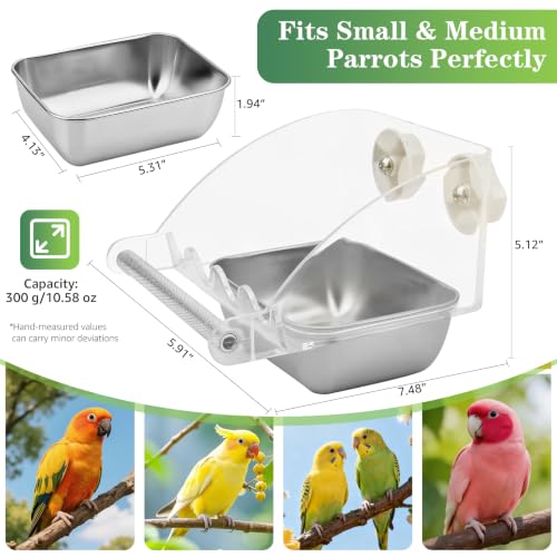 No Mess Bird Cage Feeder, Stainless Steel Parakeet Bowl with Perch | Easy to Install & Clean, No Spill Design, Hanging Bird Feeder for Budgie, Cockatiel, Conure, Lovebird, Canary, Finch