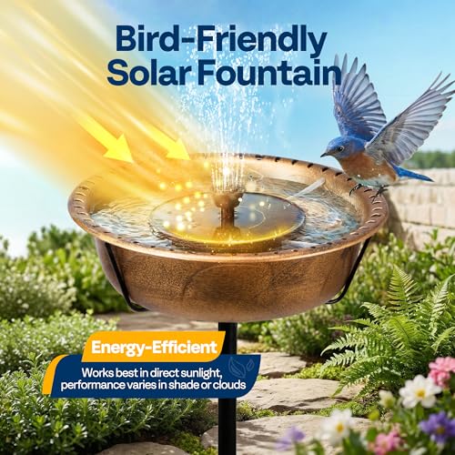 VIVOHOME Bird Bath with Solar Fountain and Metal Ground Stake, Copper | Solar Powered Pump, Weather-Resistant ABS, 1.45-Gallon Capacity, for Outdoor/Garden, Bird-Friendly, Easy to Clean - color: Copper, size: Birdbath with Fountain
