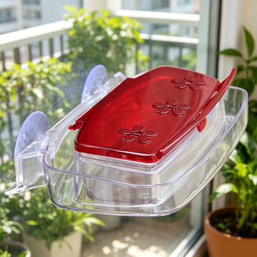 Window Hummingbird Feeder 2 Pack, Plastic Bird Feeding Tray with 3 Feeding Ports & Suction Cup Mount, Easy to Clean & Refill, Great Gift for Bird Watchers, 8-Ounce