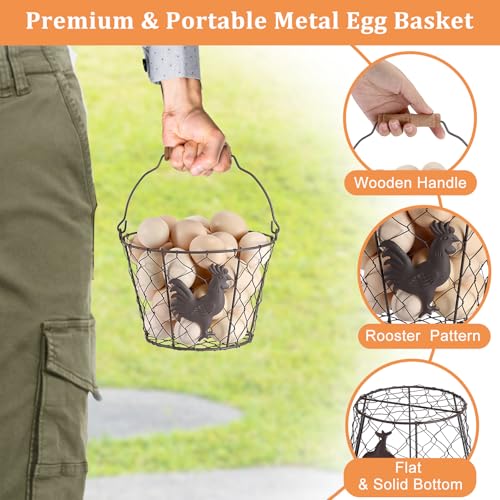 3 PCS 8'' Farmhouse Egg Collecting Basket with Handle, Chicken Egg Bakset | Rustic Metal Wire Chicken Eggs Holder for Countertop Kitchen, Wire Egg Basket, Vintage Style, Round, Rooster Pattern - size: 3 PACK
