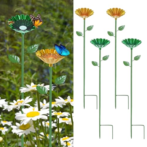 M METERXITY 4-Pack Bee Watering Station, 64cm/25 Inch Iron Bee Bath for Garden Water Feeder, Colorful Butterfly Bath Bowl for Outdoor/Garden/Yard Decor [Yellow/Green] - color: Yellow, green
