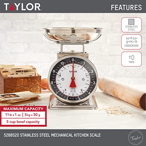 Taylor Mechanical Kitchen Food Scale with Bowl, Weighs Up to 11lbs, Measures in Grams and Ounces, Analog Cooking Scale for Baking, Black and Silver - color: Black and Silver, size: Small